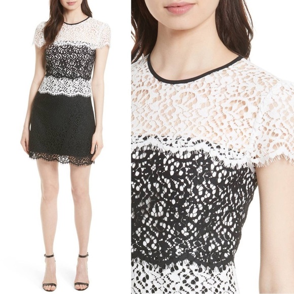 MILLY • Gabrielle Dress color block lace two tone sheath black white cocktail - Picture 3 of 14